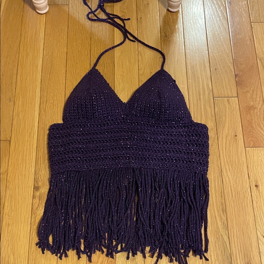 Handmade sparkly purple crochet fringe halter top